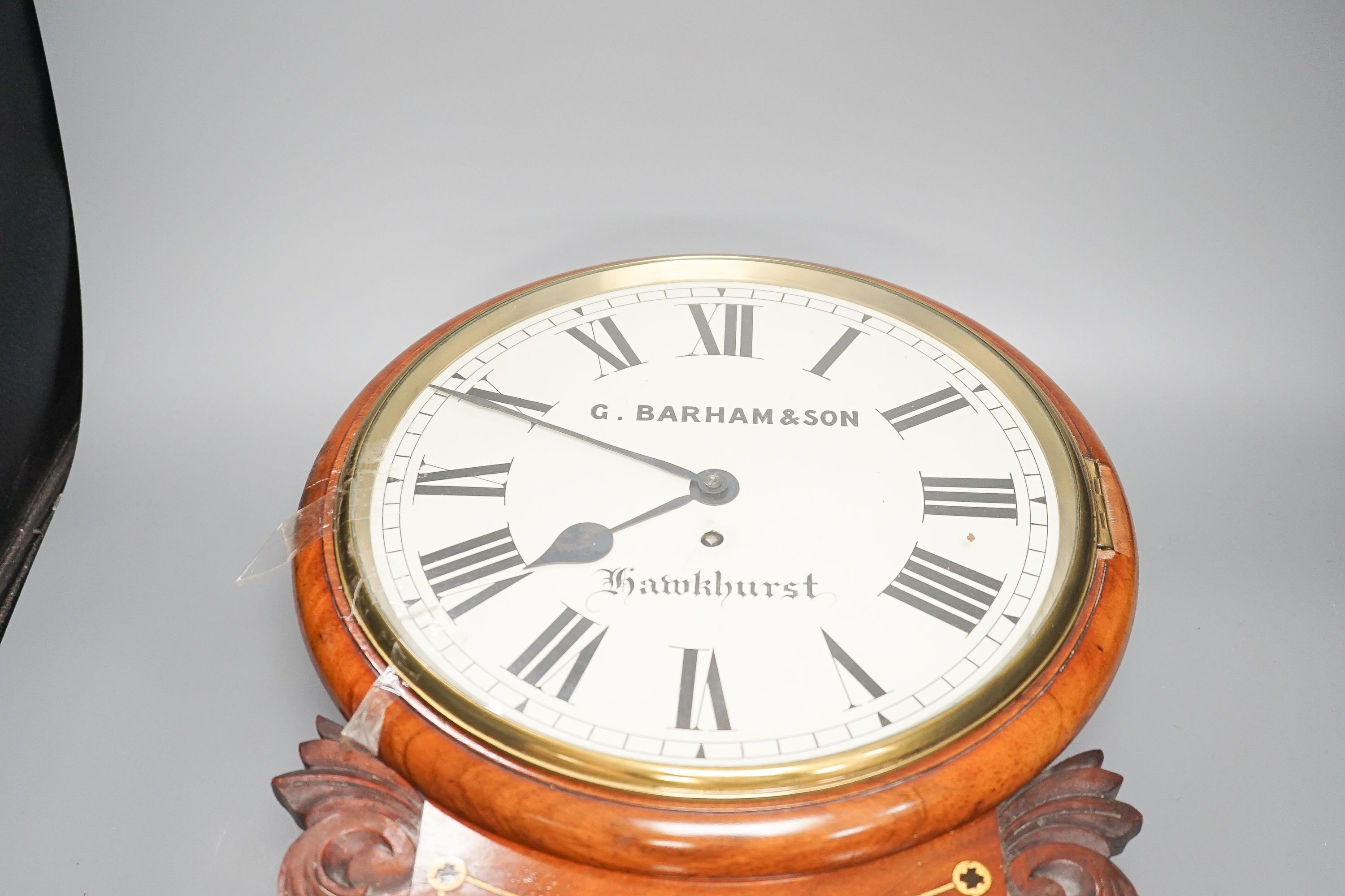 G. Barham & son, Hawkhurst mahogany drop dial wall clock clock 50cm, Single fusee movement